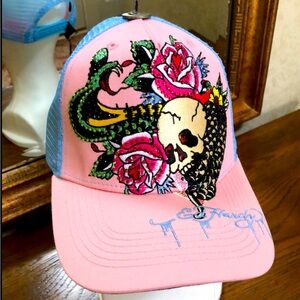 New Ed Hardy rhinestone cobra/skull/rose trucker hat.  OS.  Pink and blue.